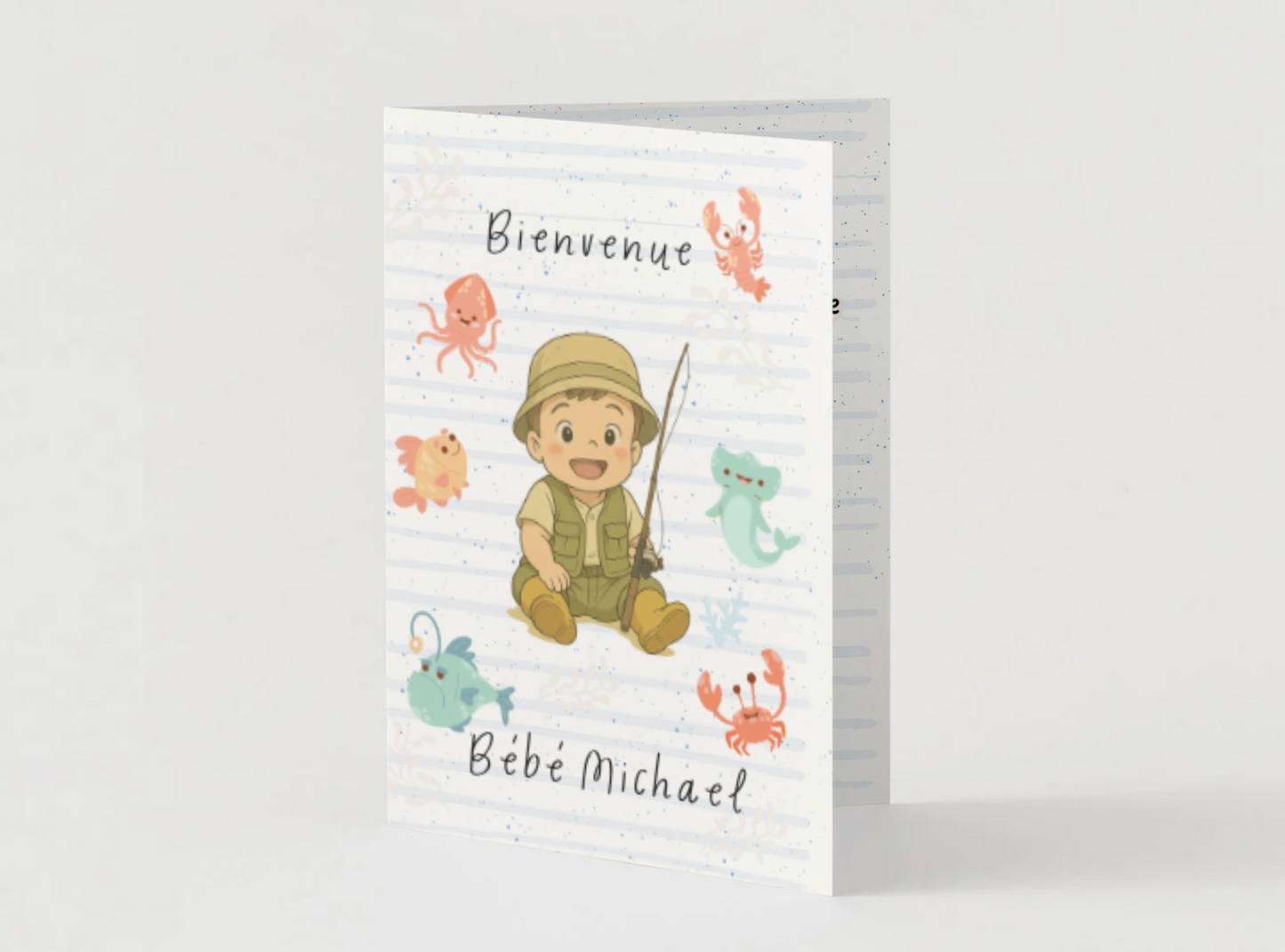 Carte « Bienvenue Bébé » – Petit pêcheur (personnalisable)