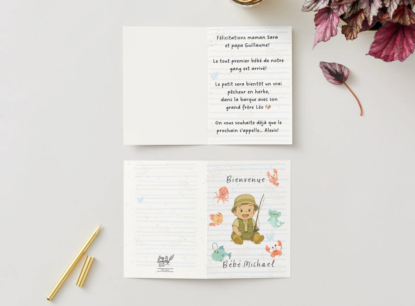 Carte « Bienvenue Bébé » – Petit pêcheur (personnalisable)