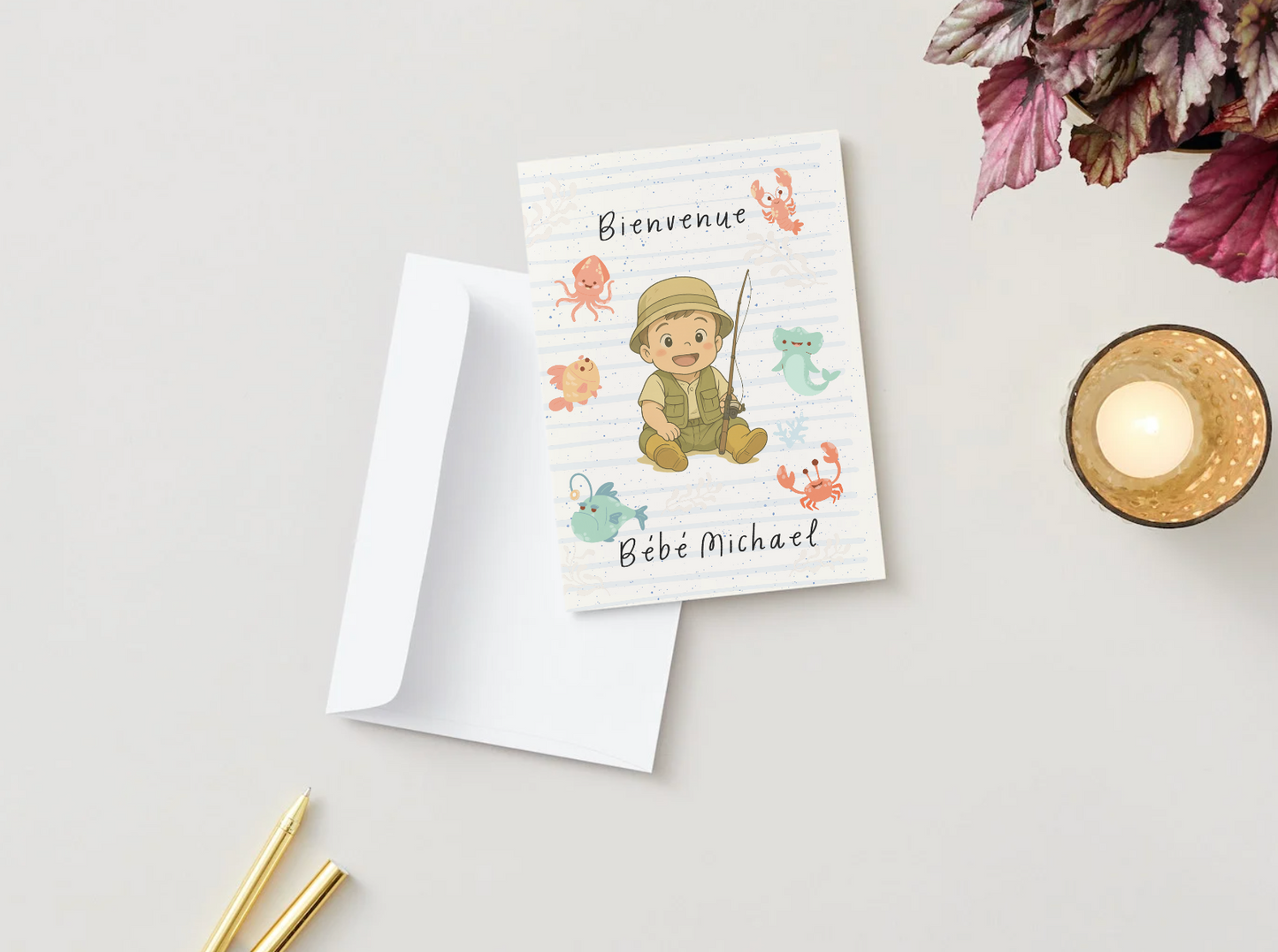 Carte « Bienvenue Bébé » – Petit pêcheur (personnalisable)